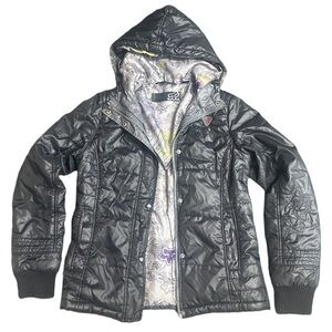 Y2K FOX RACING women's black embroidered puffer jacket with graphic lining, S.